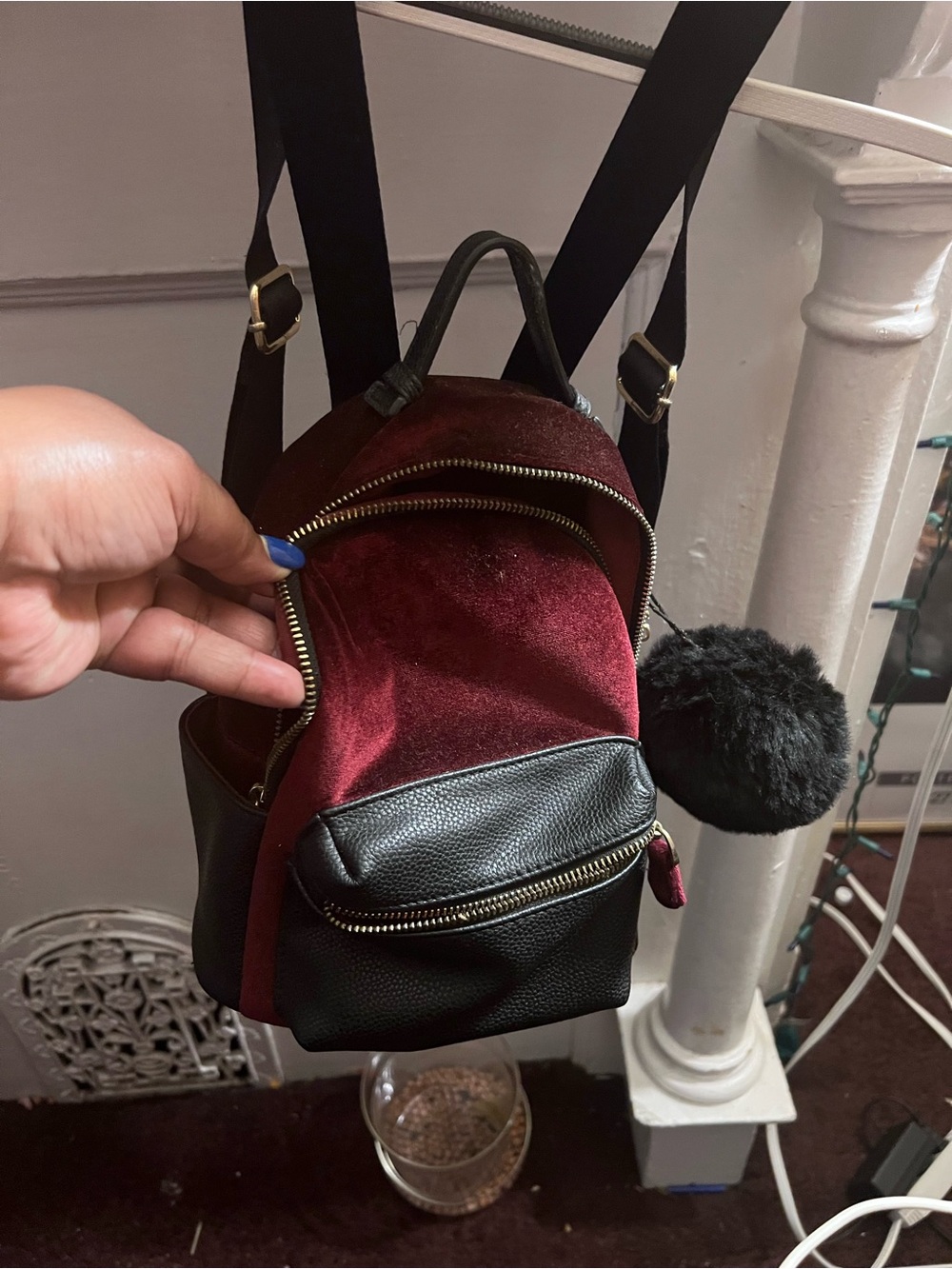 Velvet and Faux Leather Mini Backpack with Pom Pom